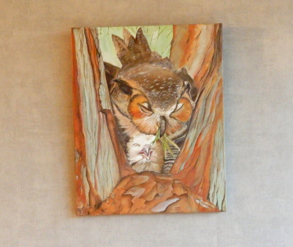 Schilderij uil (oehoe) met jong in boomholte 40 x 50 cm.
