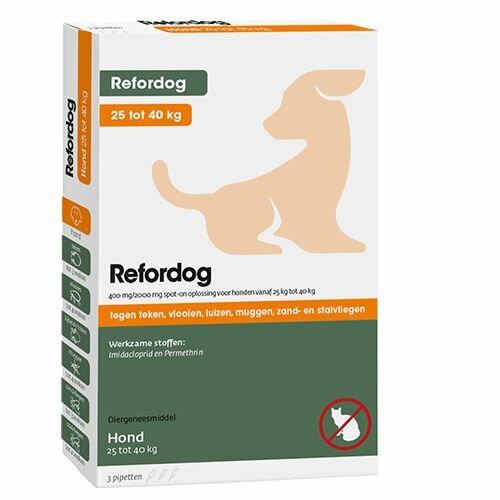 Refordog Spot-on pipetten hond 25 tot 40 kg ,tegen vlooien, teken, bijtende luizen, muggen, zandvliegen en stalvliegen.