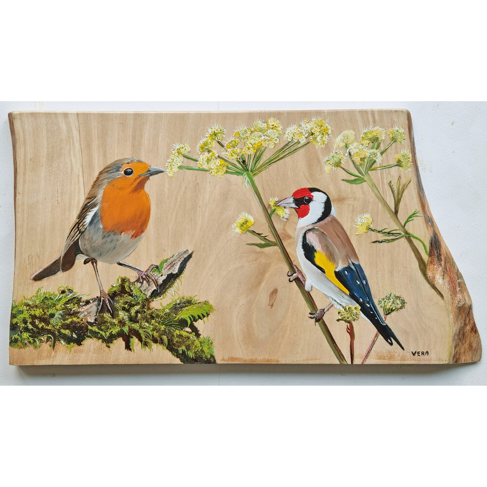 Schilderij roodborstje en putter op hout 35 x 19 cm.