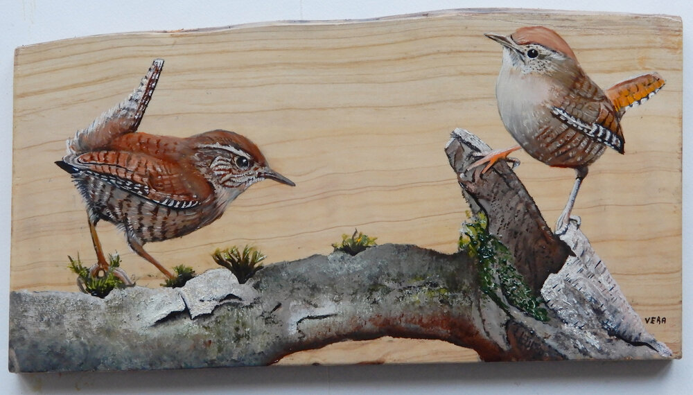 Schilderij winterkoninkjes op hout 33 x 18 cm.