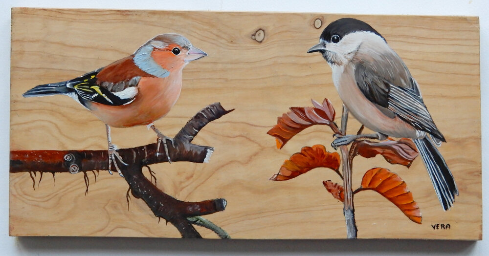 Schilderij vink en glanskopje op hout 33 x 17 cm.