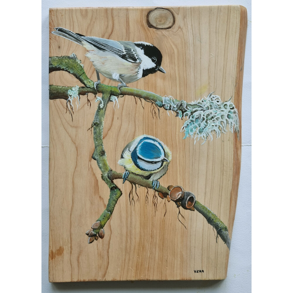 Schilderij zwarte mees en pimpelmees op hout 22 x 30 cm.