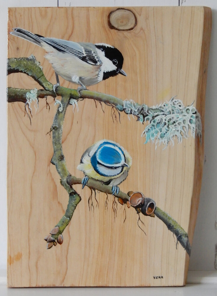 Schilderij zwarte mees en pimpelmees op hout 22 x 30 cm.