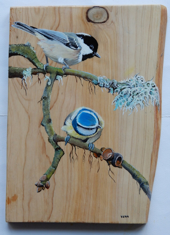 Schilderij zwarte mees en pimpelmees op hout 22 x 30 cm.