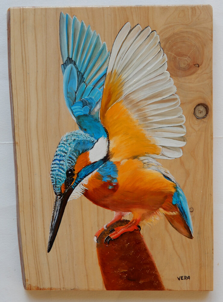 Schilderij ijsvogel op hout 22 x 30 cm.