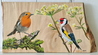 Schilderij roodborstje en putter op hout 35 x 19 cm.