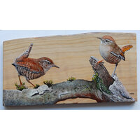 Schilderij winterkoninkjes op hout 33 x 18 cm.