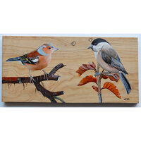 Schilderij vink en glanskopje op hout 33 x 17 cm.