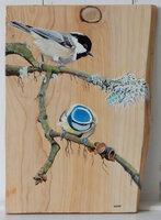 Schilderij zwarte mees en pimpelmees op hout 22 x 30 cm.