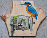 Schilderij ijsvogel op hout 40 x 30 cm.