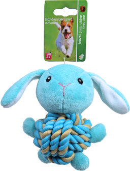 Boon hondenspeelgoed konijn pluche met touwbal buik en piep, 15 cm