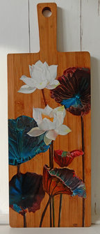 Boeket bijzondere bloemen op hout 21 x 43/56 cm.