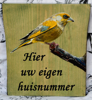 Geschilderd naambord vogel op hout 25 x 20 cm.