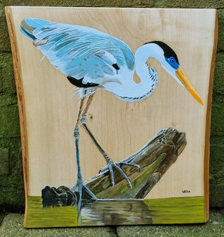 Schilderij reiger op hout 28 x 30 cm.