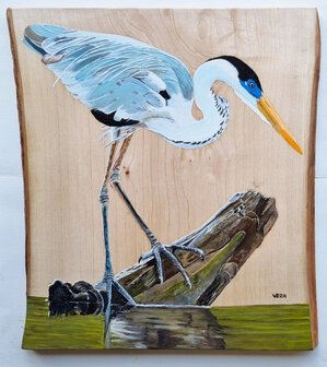 Schilderij reiger op hout 28 x 30 cm.