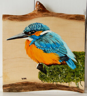 Schilderij ijsvogel op hout 20 x 20/23 cm.