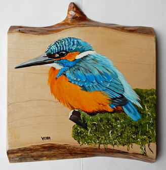 Schilderij appelvink op hout 20 x 21 cm.