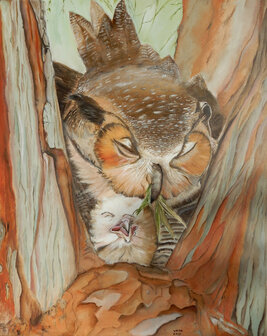 Schilderij uil (oehoe) met jong in boomholte 40 x 50 cm.