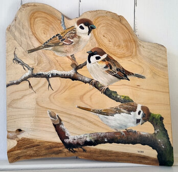 Schilderij 3 mussen op hout 35 x 35 cm.