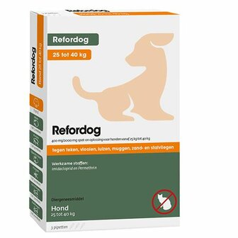 Refordog Spot-on pipetten hond 25 tot 40 kg ,tegen vlooien, teken, bijtende luizen, muggen, zandvliegen en stalvliegen.