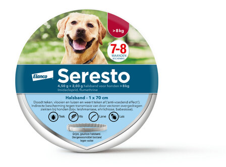 Seresto halsband 70cm voor hond vanaf 8kg tegen vlooien, teken, luizen 