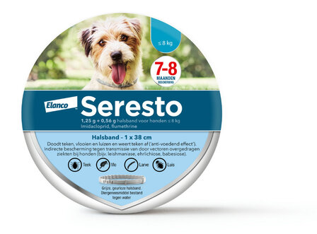 Seresto halsband 38 cm voor hond tot 8kg tegen vlooien, teken, luizen 