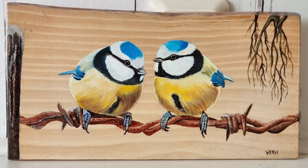 Schilderij pimpelmezen  op hout 29 x 16 cm.