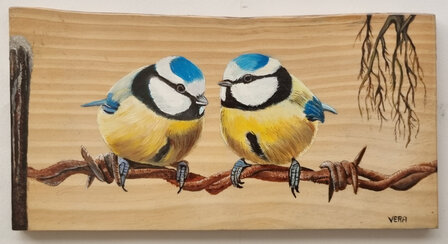 Schilderij pimpelmezen  op hout 29 x 16 cm.