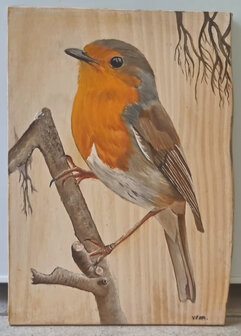 Schilderij roodborstje op hout 21 x 29 cm.