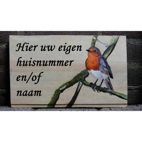 Geschilderd huisnummerbord vogel op hout 25 x 20 cm.