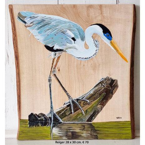 Schilderij reiger op hout 28 x 30 cm.