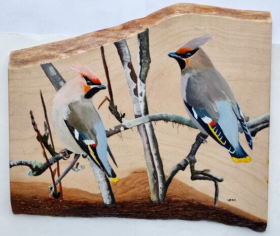 Schilderij pestvogels op hout 38 x 34 cm.