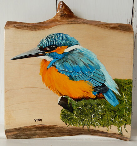 Schilderij ijsvogel op hout 20 x 20/23 cm.