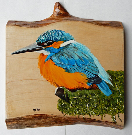 Schilderij ijsvogel op hout 20 x 20/23 cm.