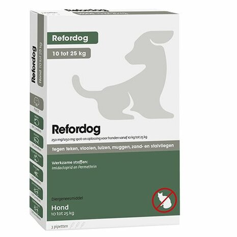 Refordog Spot-on pipetten hond 10 tot 25 kg ,tegen vlooien, teken, bijtende luizen, muggen, zandvliegen en stalvliegen.