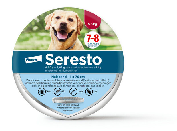 Seresto halsband 70cm voor hond vanaf 8kg tegen vlooien, teken, luizen 