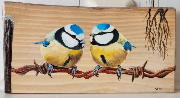 Schilderij pimpelmezen  op hout 29 x 16 cm.