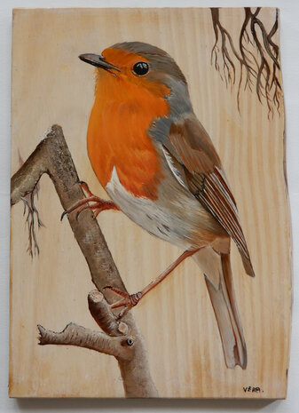 Schilderij roodborstje op hout 21 x 29 cm.