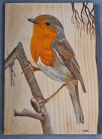 Schilderij roodborstje op hout 21 x 29 cm.