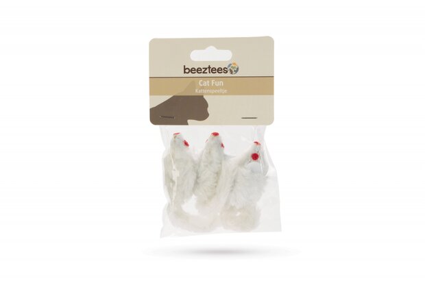 Beeztees kattenspeeltje pluche muisjes 3 st wit