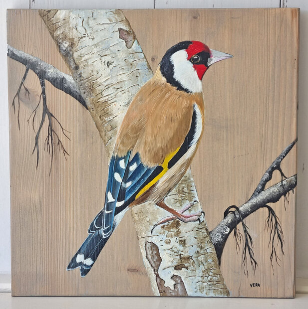 Schilderij putter op hout 30 x 30 cm.