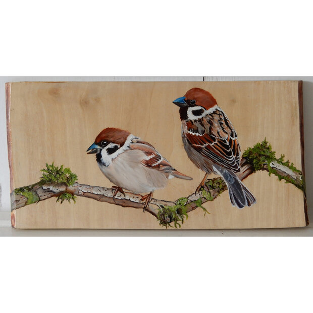 Schilderij 2 mussen op hout 31 x 15 cm.