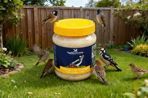 Pindakaas voor tuinvogels met stukjes noot