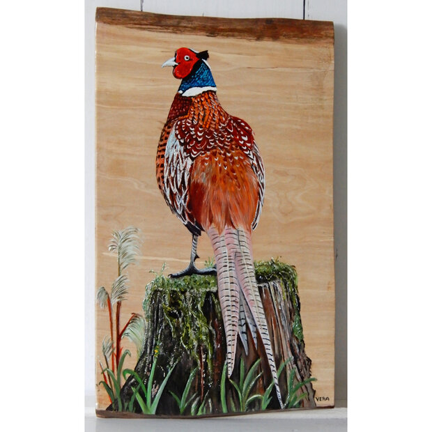 Schilderij fazant op hout 20 x 34 cm.