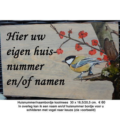 Geschilderd huisnummerbord vogel op hout 25 x 20 cm.